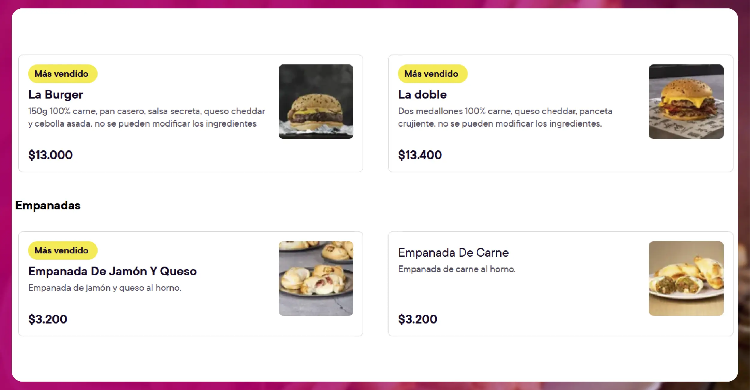 Menu Offerings and Price Details